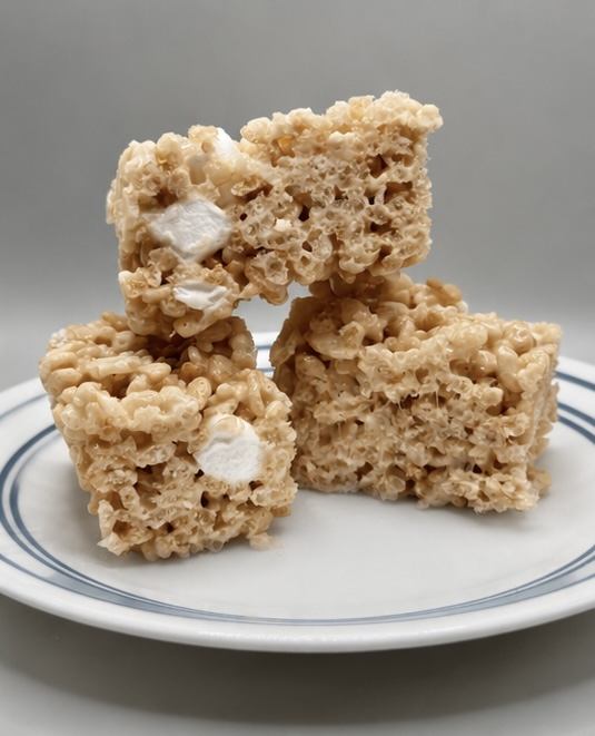 Rice krispie treats stacked on a plate